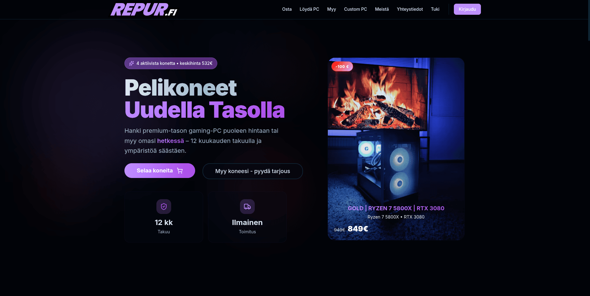 TheLoop verkkokehitys case study: Repur.fi - E-kaupan alusta uudelleenkäytössä oleville pelitietokoneille. Täydellinen verkkokaupan ratkaisu tuoteluettelon, turvallisten maksujen ja tilauksien käsittelyyn ostoprosessin virtaviivaistamiseksi.