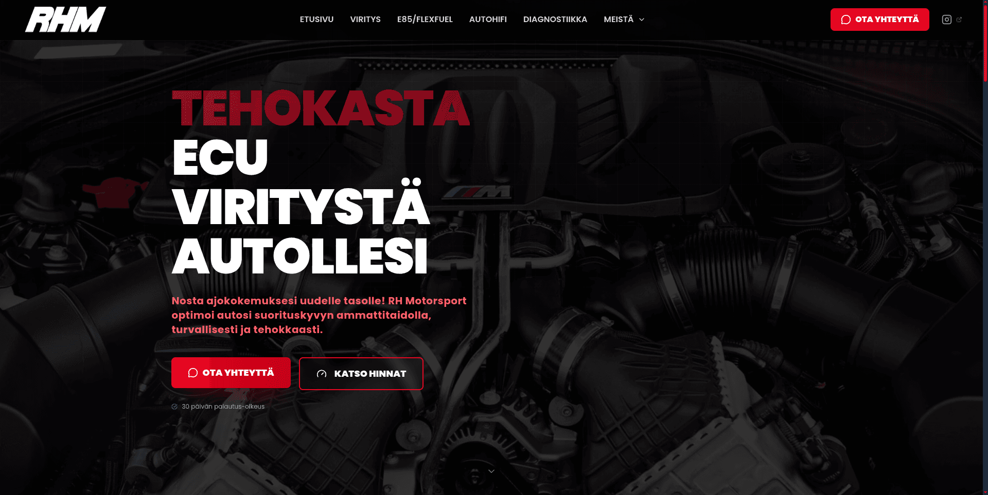 TheLoop verkkokehitys case study: RH Motorsport - Varaus- ja asiakashallintajärjestelmä automaattisille virityspalveluille. Automatisoi ajanvarauksen ja asiakassuhteet, vähentää hallinnollista kuormaa ja parantaa asiakaskokemusta.